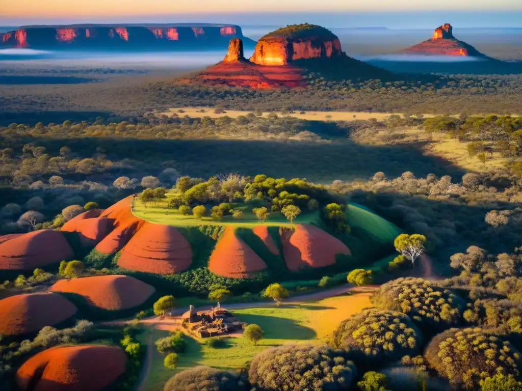 Paisaje sagrado aborigen con arte ancestral y atardecer en el outback australiano