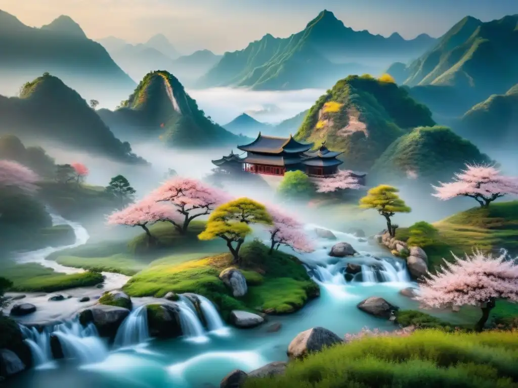 Un paisaje de montaña sereno en una antigua pintura china, con una figura meditando bajo un cerezo en flor