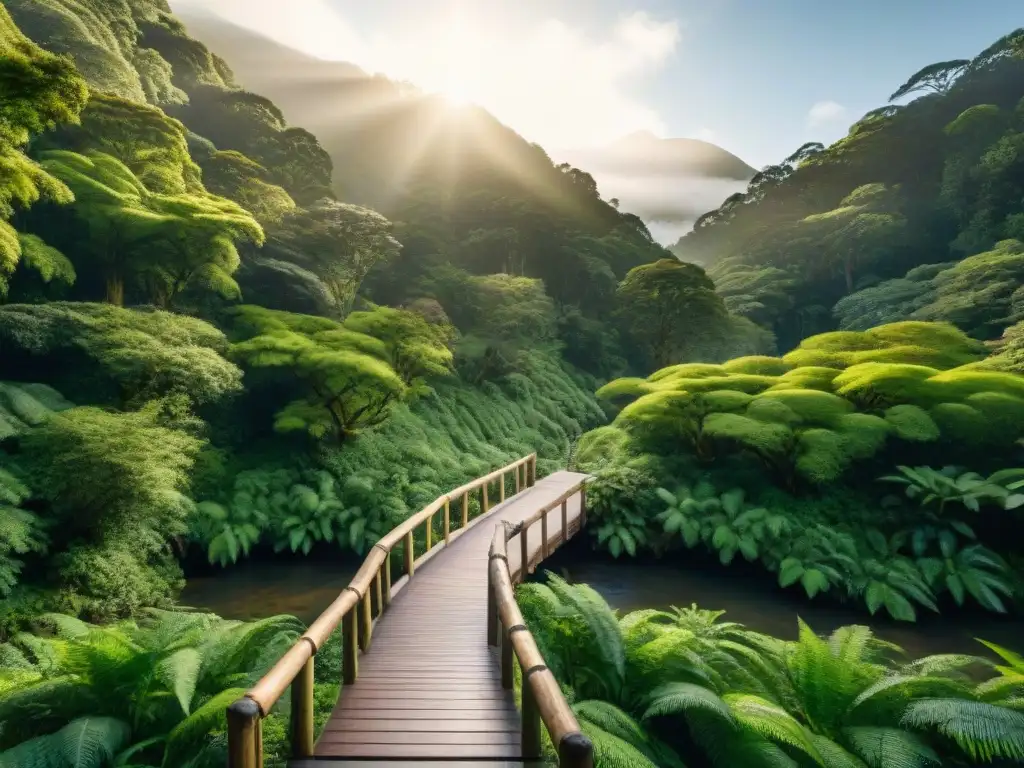 Paisaje sereno de un bosque exuberante en Nueva Zelanda con río y puente de madera