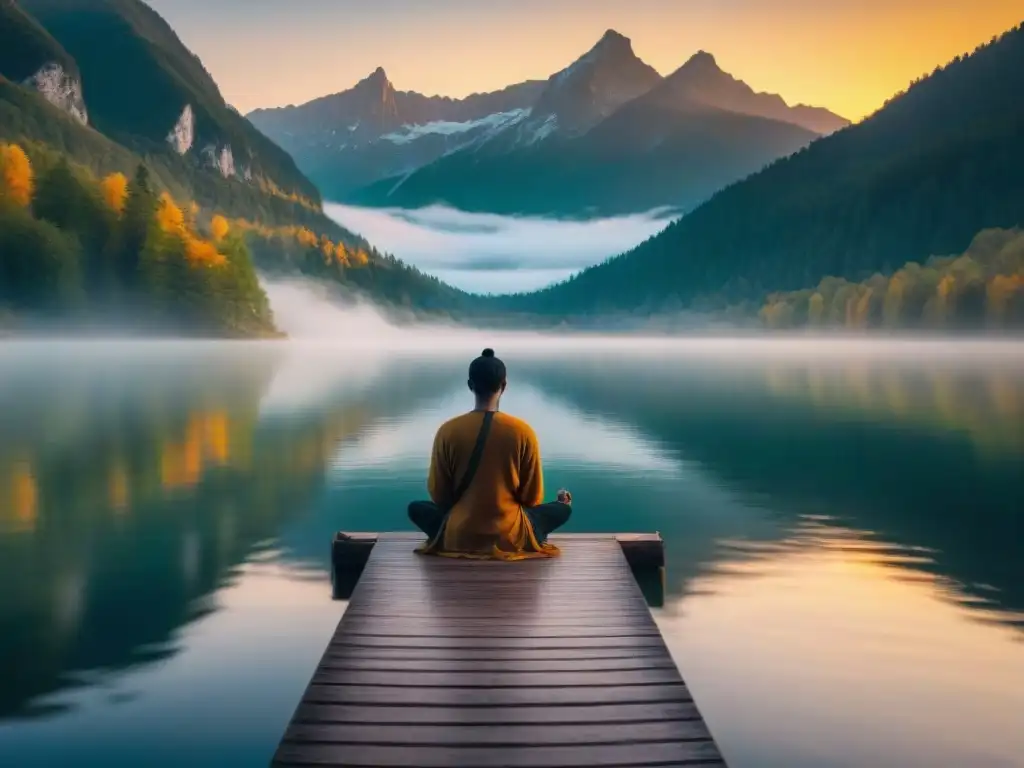 Un paisaje sereno al amanecer con un lago tranquilo reflejando los colores del cielo, rodeado de bosques verdes y montañas cubiertas de niebla