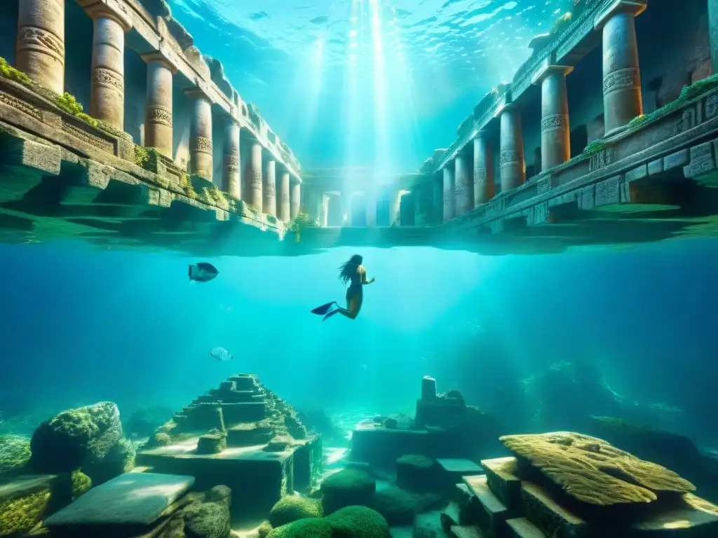 Un paisaje submarino fascinante de una antigua ciudad en ruinas con grabados detallados y estructuras que evocan una civilización perdida