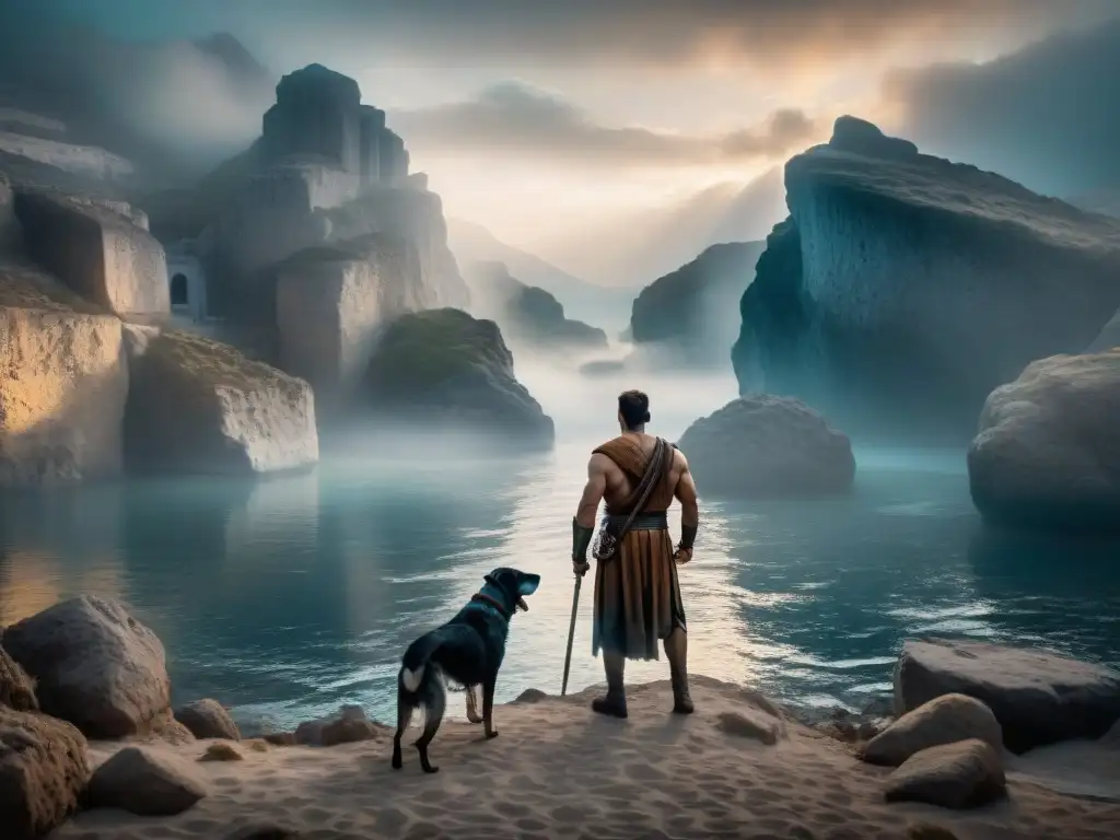 El Inframundo Griego: River Styx, Almas Perdidas y Cerberus Un paisaje tétrico del inframundo griego con el río Estigia, almas perdidas y los guardianes del Hades