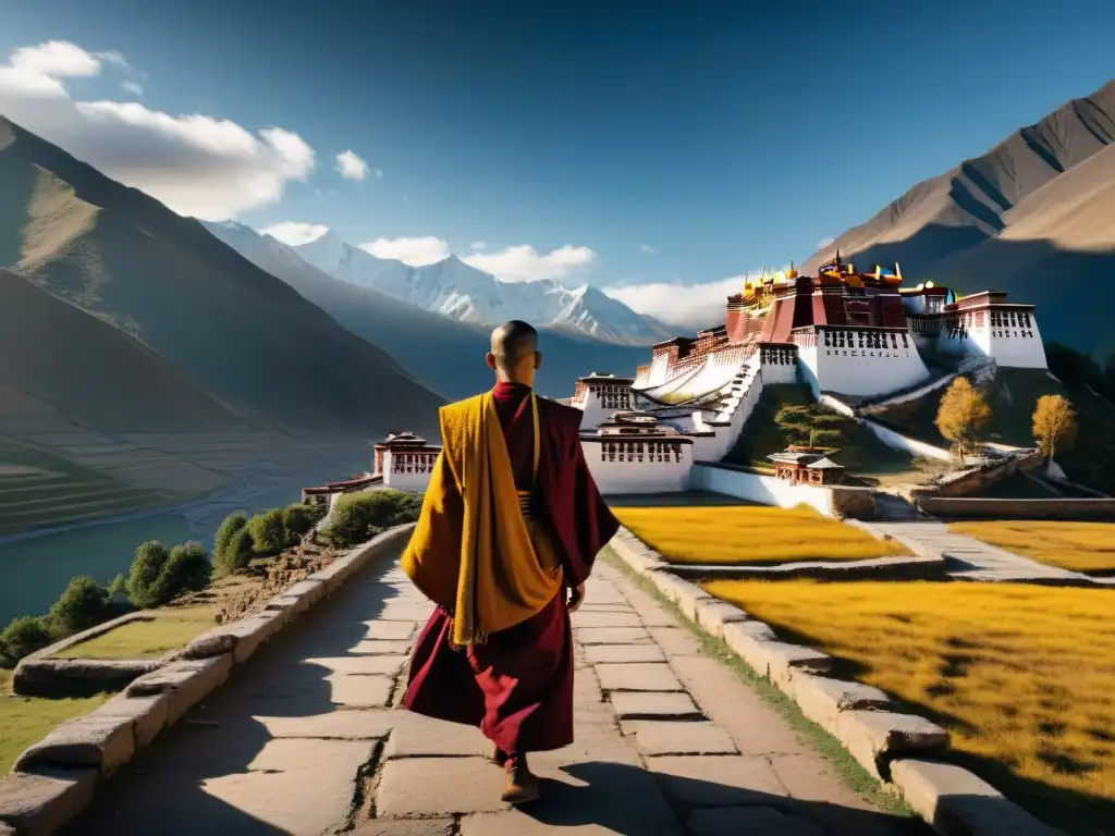 Paisaje tibetano con monasterio y monjes en ritual matutino