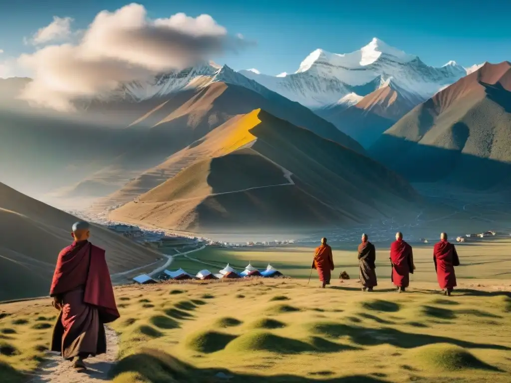 Paisaje tibetano al amanecer con monjes realizando un ritual matutino en un monasterio