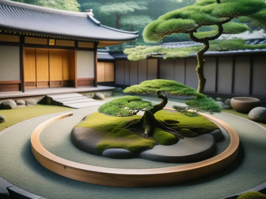 Paisaje zen en Kyoto: jardín sereno con bonsái y templo de madera, ideal para retiros meditación templos zen Kyoto