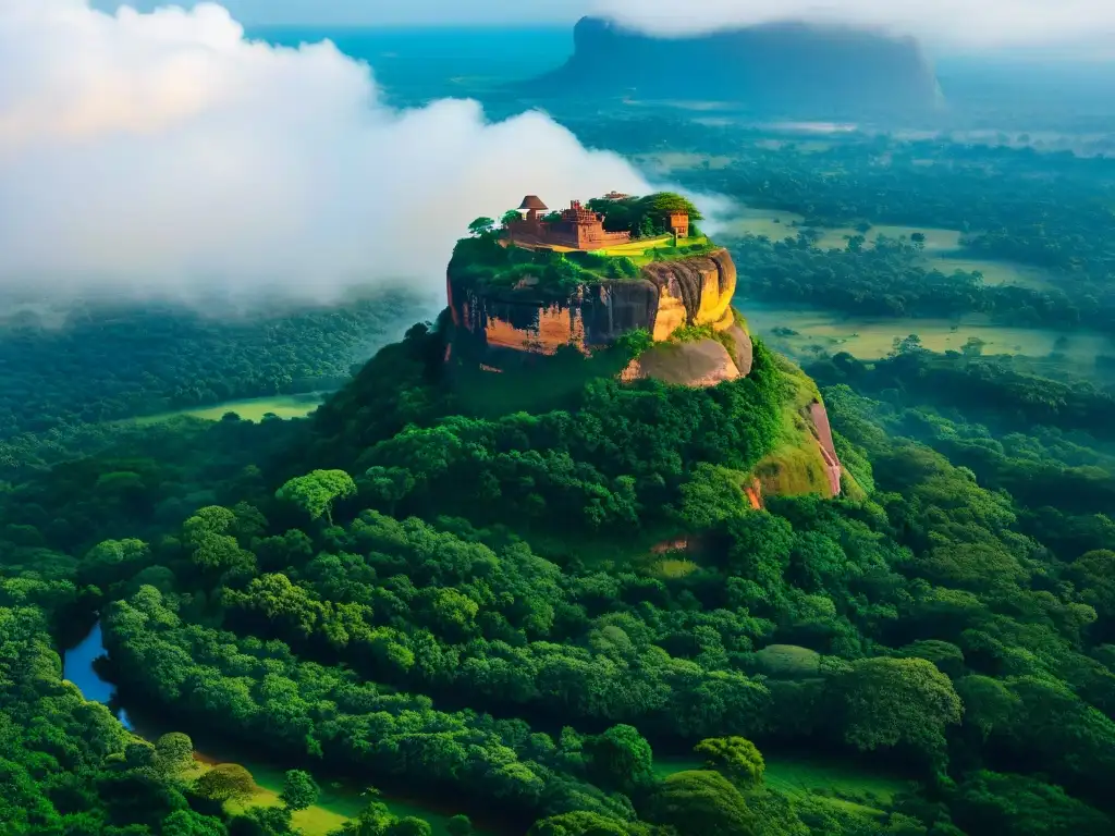 Palacio en las nubes Sigiriya: Ruinas antiguas en la cima de una roca rodeada de exuberante vegetación, bañadas por la luz dorada del sol matutino