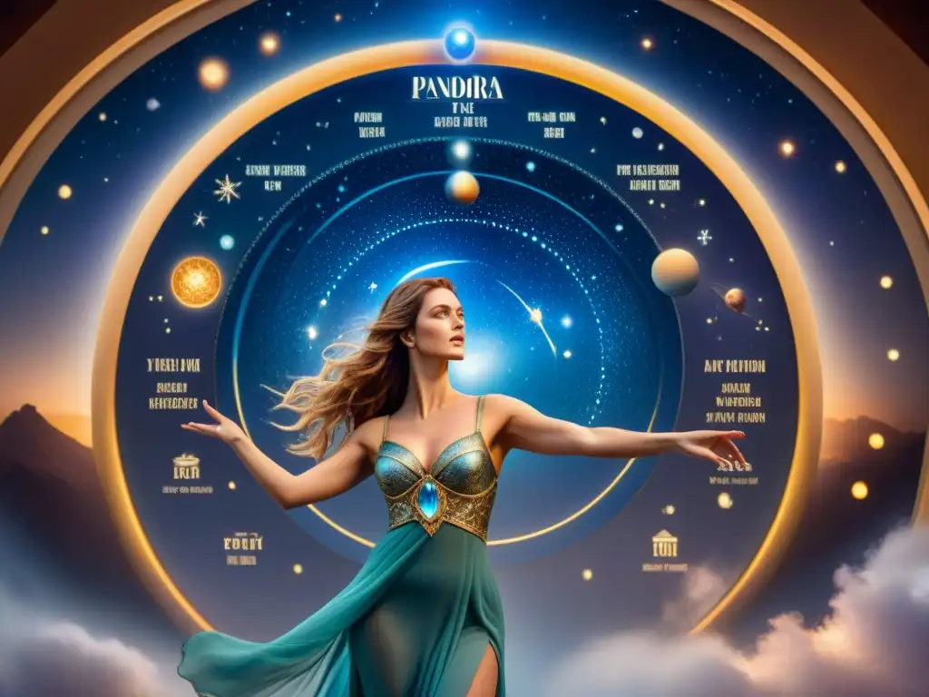 Pandora, en un escenario místico con un mapa celestial, ilustra los misterios de la caja de Pandora