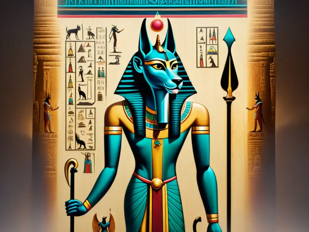 Un papiro detallado de Anubis guiando almas en el más allá, evocando misticismo egipcio