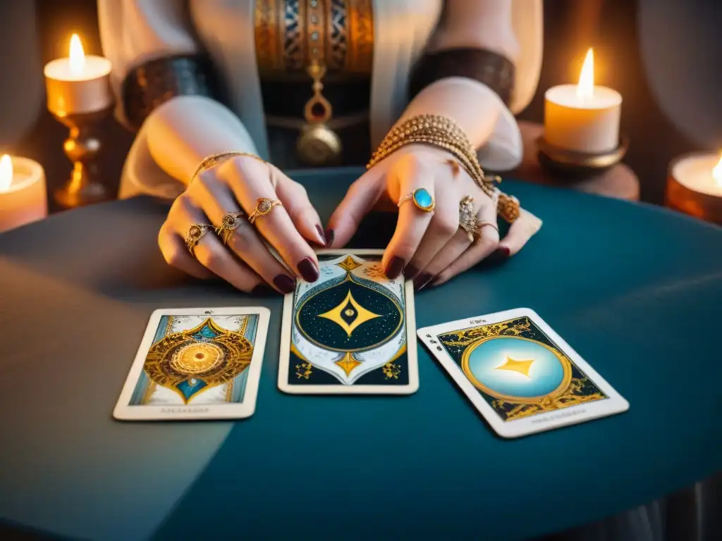 Un par de manos sostienen las Cartas del Tarot, con imágenes simbólicas y anillos, en un ambiente místico e introspectivo