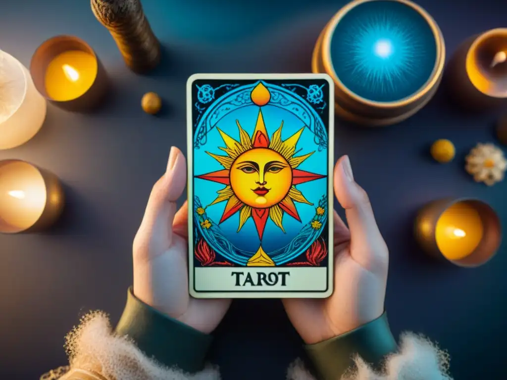 Un par de manos sostienen con delicadeza una carta de tarot ilustrada, con colores vibrantes y símbolos místicos