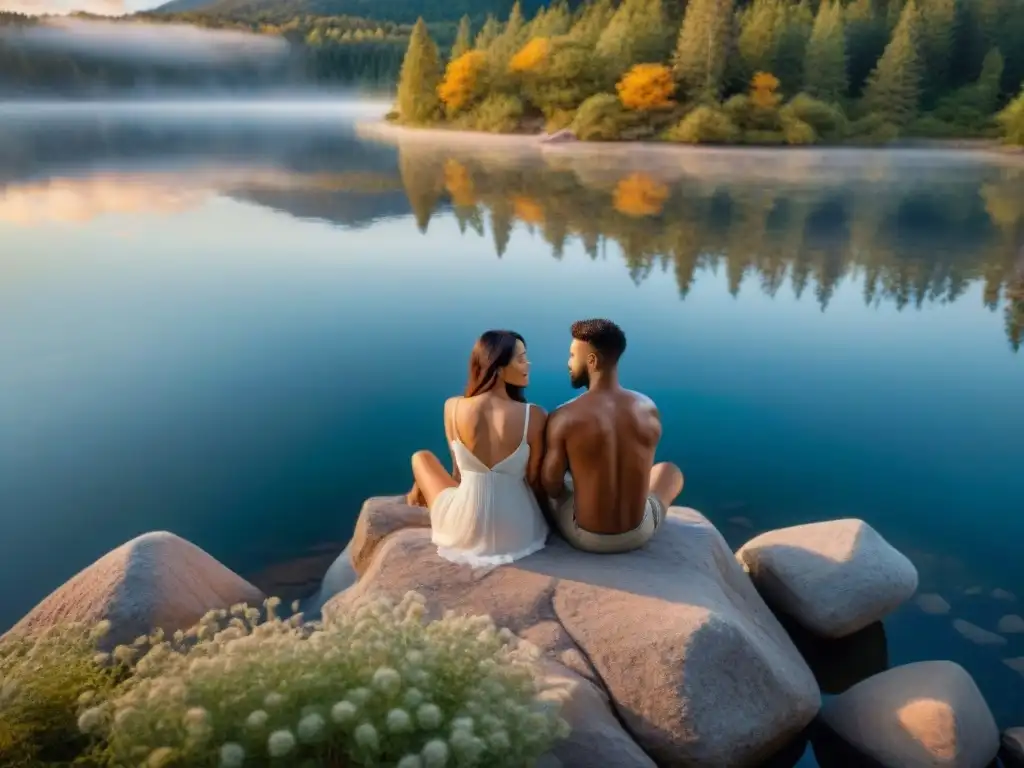 Una pareja abrazada junto al lago al atardecer, rodeada de cristales brillantes