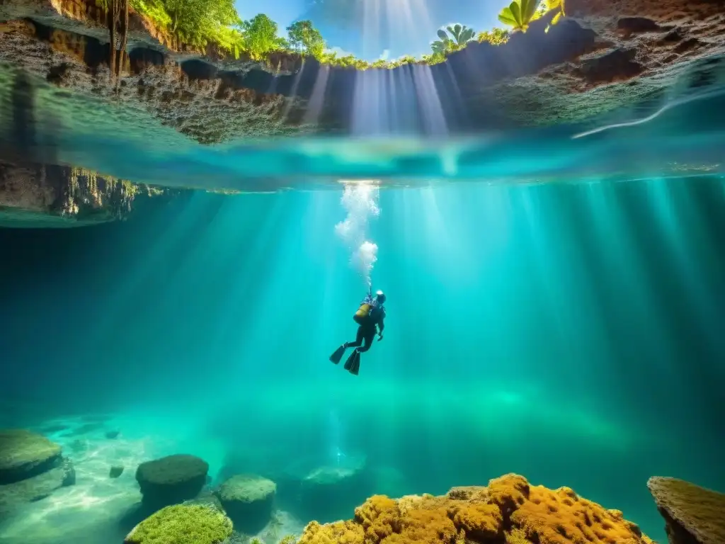 Explora los pasadizos acuáticos de un cenote cristalino en Yucatán, México, con rayos de sol y peces