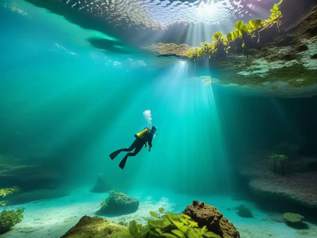 Explora los pasadizos acuáticos de los Cenotes Yucatán en un mundo subacuático mágico y surrealista