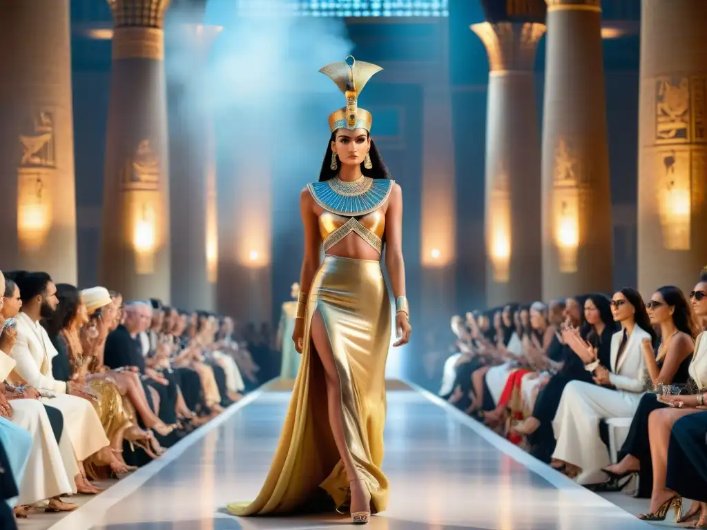 Pasarela de moda inspirada en el antiguo Egipto: diseños con motivos jeroglíficos, tocados faraónicos y detalles dorados