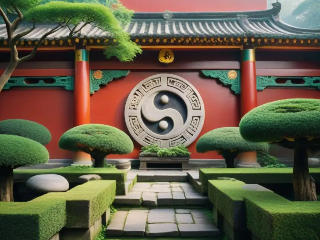 Un patio de un antiguo templo taoísta con tallados del símbolo Yin Yang, rodeado de vegetación exuberante y arquitectura china tradicional