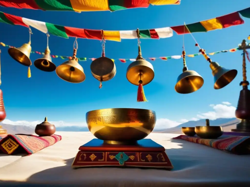 Un patio de templo en Tibet con instrumentos musicales antiguos para la meditación budista