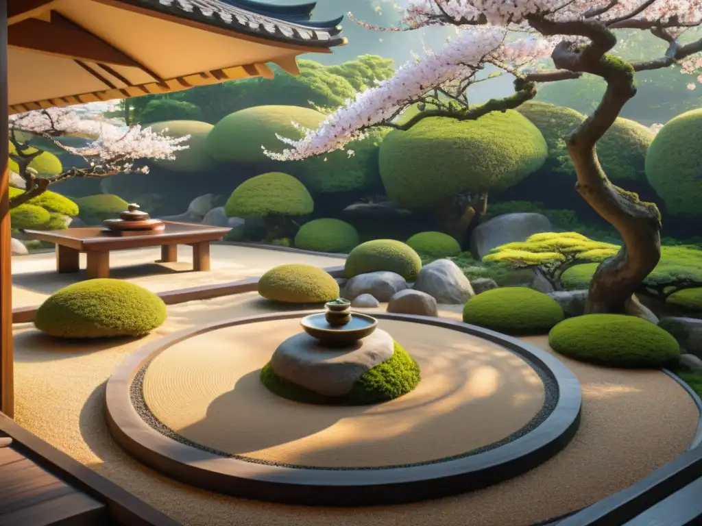 Un jardín Zen en Japón muestra patrones de grava, bonsáis y una cabaña de meditación, rodeado de cerezos en flor