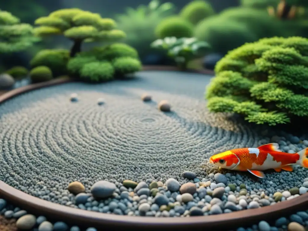 Un jardín zen para meditación: patrones de grava, rocas, vegetación exuberante y peces koi en un estanque sereno