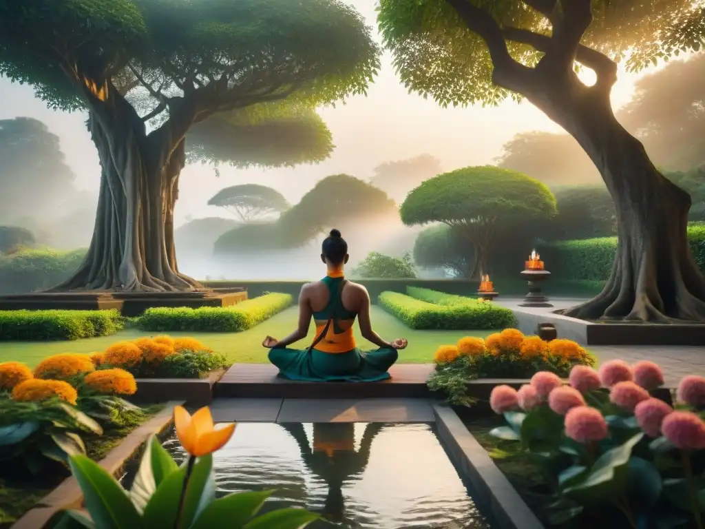 Un jardín Ayurveda de paz y armonía, donde se practica yoga bajo la luz de velas