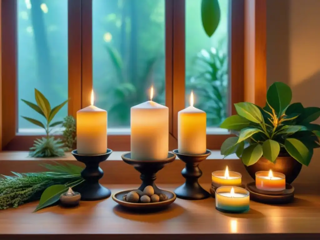 Un rincón de paz y serenidad en un altar personal decorado con velas, incienso, cristales y plantas, bañado en luz natural