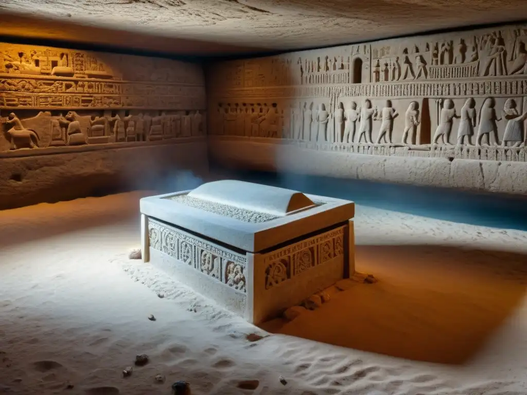 En la penumbra de una cámara funeraria mesopotámica, se aprecian intrincados ritos funerarios Mesopotamia más allá