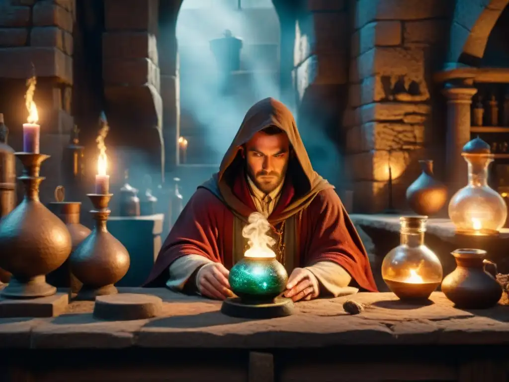 Misterioso laboratorio de alquimista con la creación de la Piedra Filosofal En la penumbra de un laboratorio de alquimia antigua, un misterioso alquimista trabaja en la creación de la legendaria Piedra Filosofal