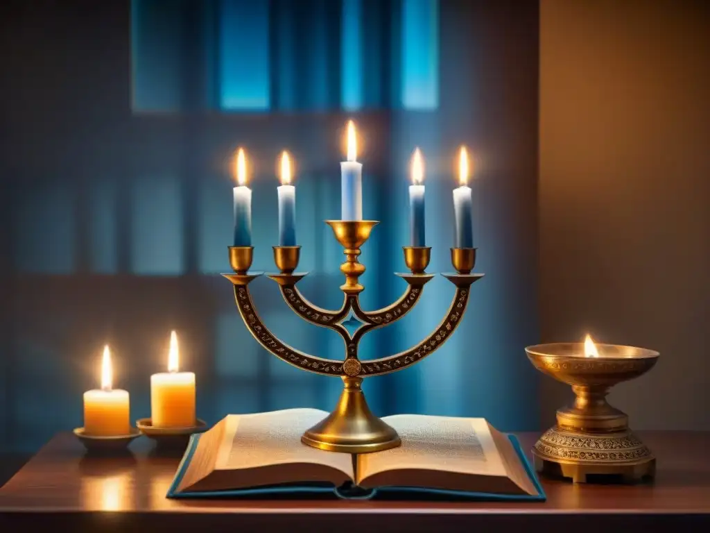 En la penumbra de una habitación, la menorá brilla sobre antiguos artefactos y documentos, simbolizando el misterio de la historia judía en Hanukkah