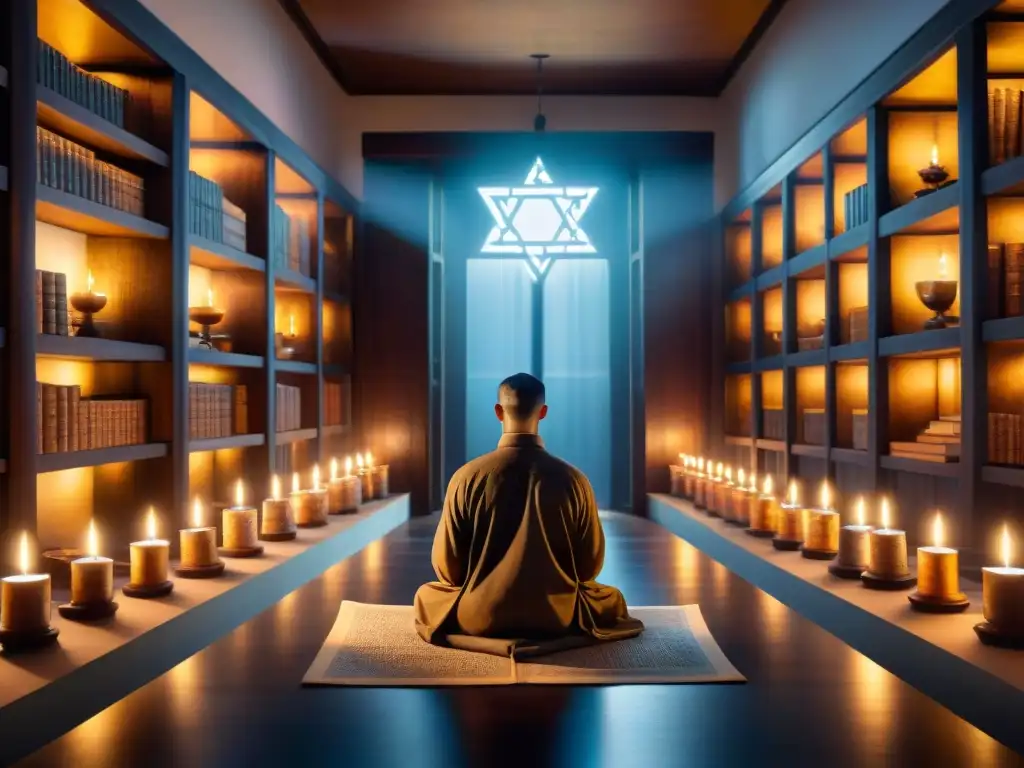 En la penumbra de una sala de meditación de la Kabbalah judía, devotos practican en profunda contemplación