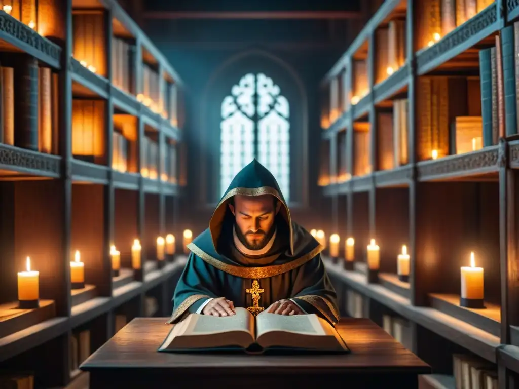 En la penumbra de un scriptorium medieval, un monje estudia un misterioso libro