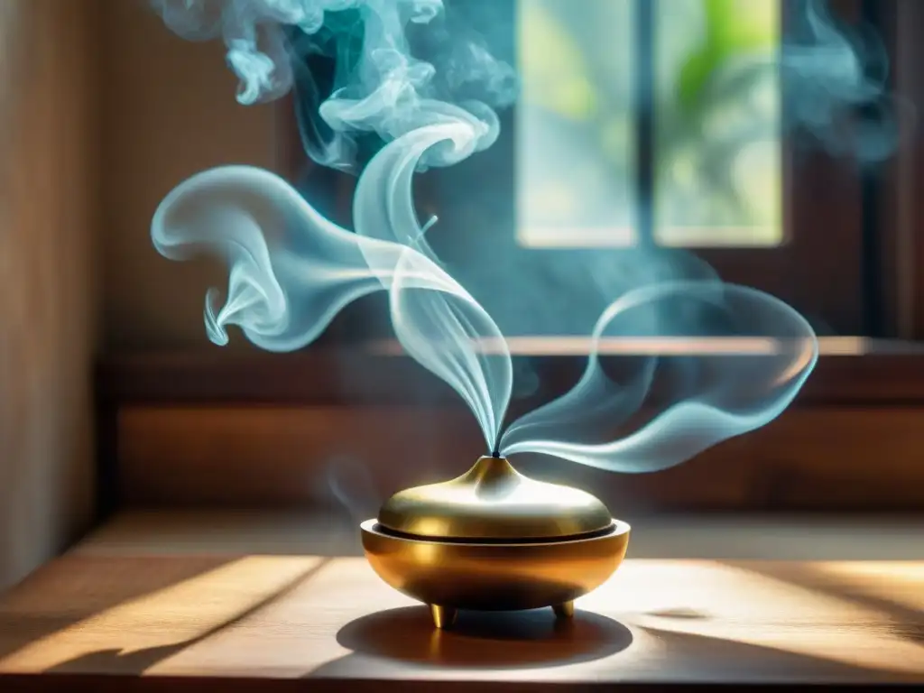 Pequeño incensario de latón en mesa de madera iluminado por el sol, creando una atmósfera de tranquilidad y tradición en casa