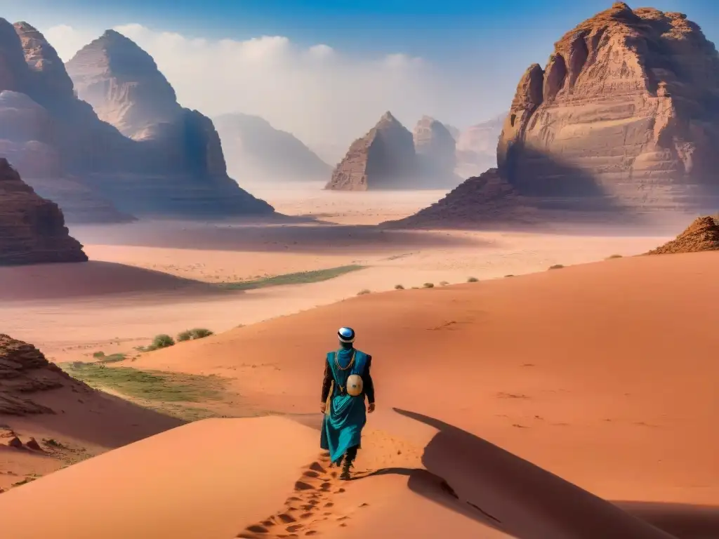 Un peregrino en retiros espirituales en Wadi Rum camina en soledad por el desierto rojo