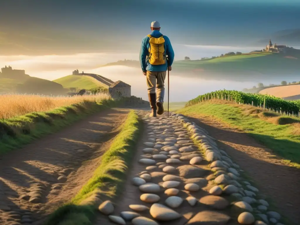 Un peregrino solitario camina al amanecer por el Camino de Santiago, simbolizando el significado espiritual del Camino