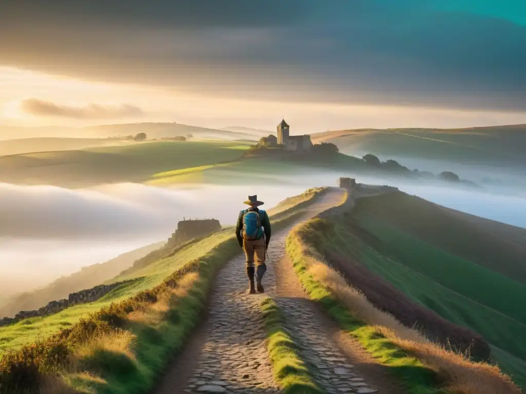 Un peregrino solitario camina al amanecer en el Camino de Santiago, evocando el significado espiritual del Camino