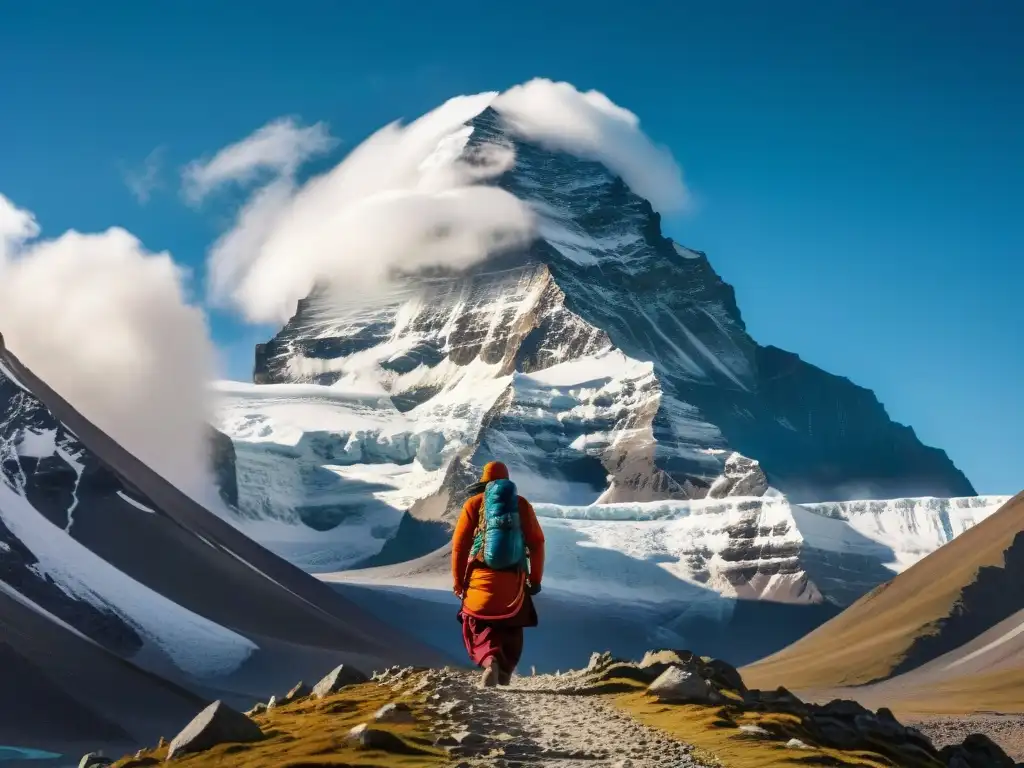 Un peregrino solitario se adentra en los Misterios del Monte Kailash en el Tíbet, bajo el cielo azul y las nubes místicas