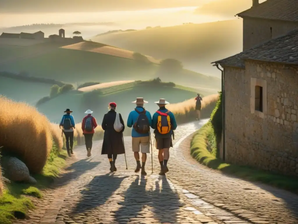 Peregrinos caminan al atardecer en el Camino de Santiago, reflejando el significado espiritual del Camino