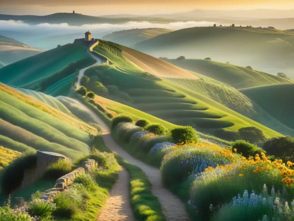 Peregrinos caminando al amanecer en el Camino de Santiago