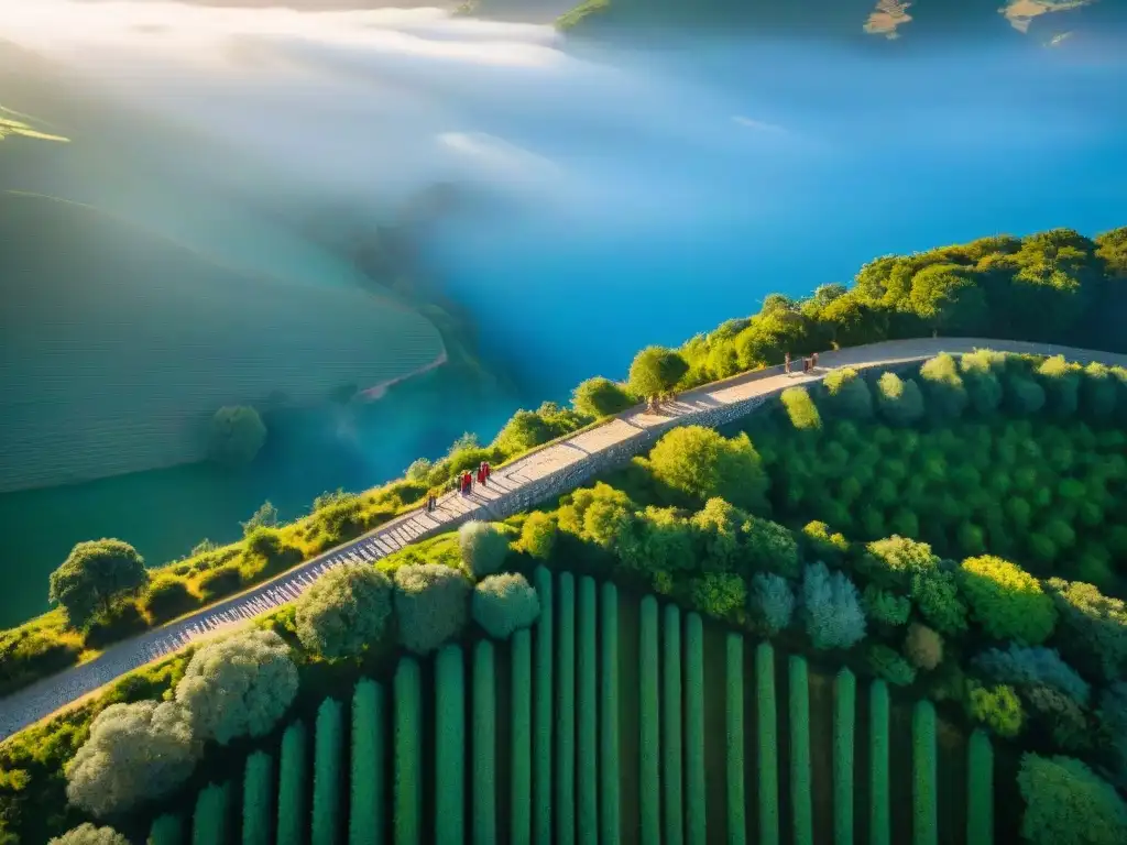 Peregrinos caminan por el misterioso y espiritual El Camino de Santiago entre paisajes verdes y cielo azul