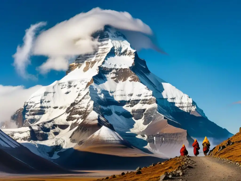 Peregrinos rodean el Misterioso Monte Kailash, Tíbet, entre niebla y picos nevados, ondeando banderas de oración