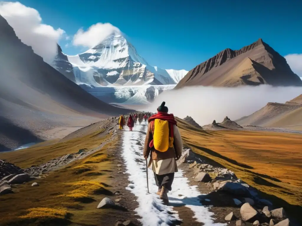 Peregrinos caminan alrededor del Monte Kailash, con la cumbre nevada de fondo, en un ambiente espiritual y místico