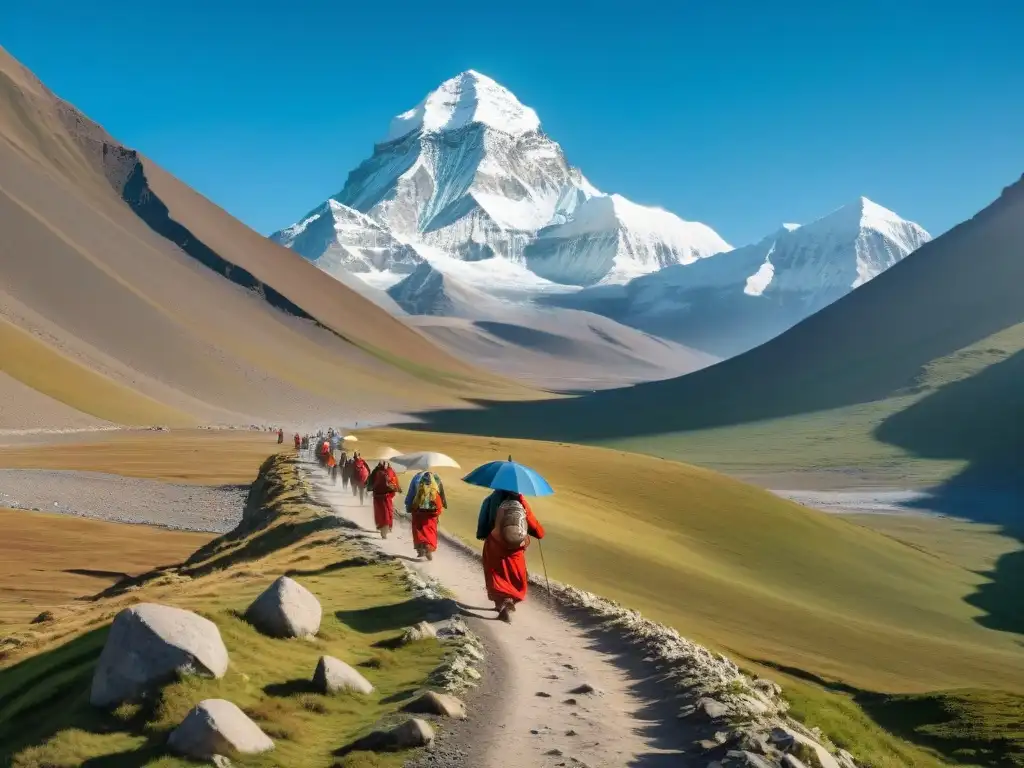 Peregrinos en retiros espirituales Monte Kailash misterios, caminan en fila por la senda sagrada, rodeados de la majestuosidad Himalaya