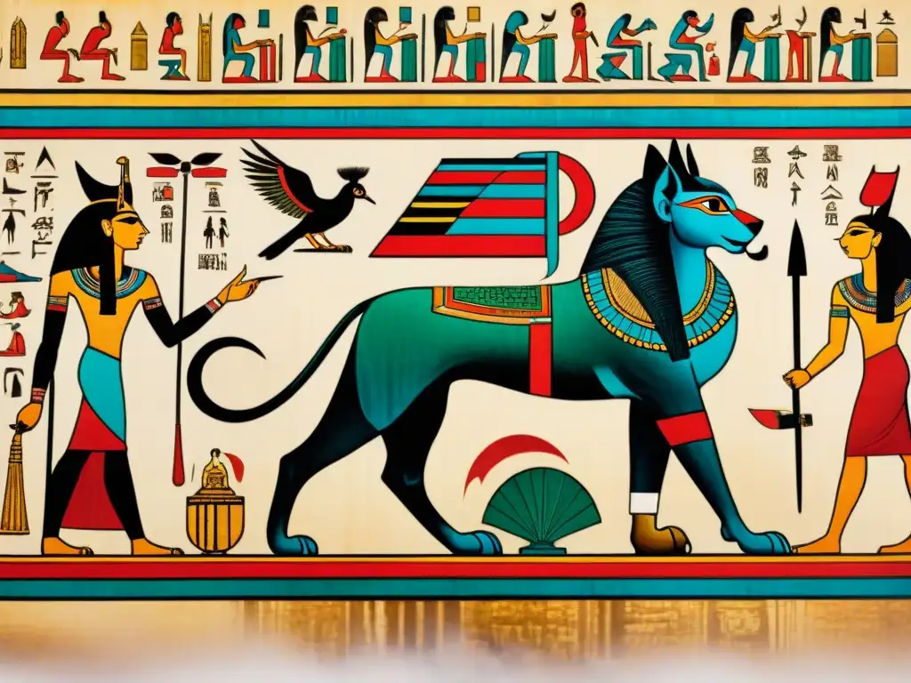 Un pergamino detallado de criaturas míticas del antiguo Egipto como la Esfinge, Anubis y el Fénix, rodeadas de jeroglíficos