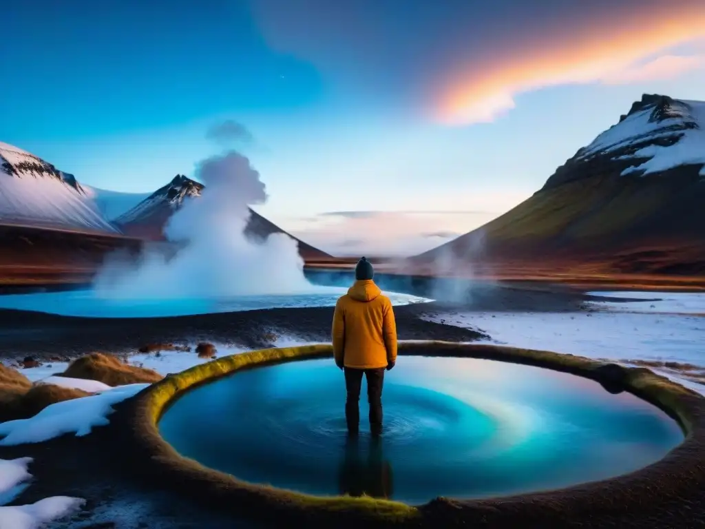 Persona disfrutando de aguas termales en Islandia, rodeada de montañas nevadas y auroras boreales, con beneficios espirituales