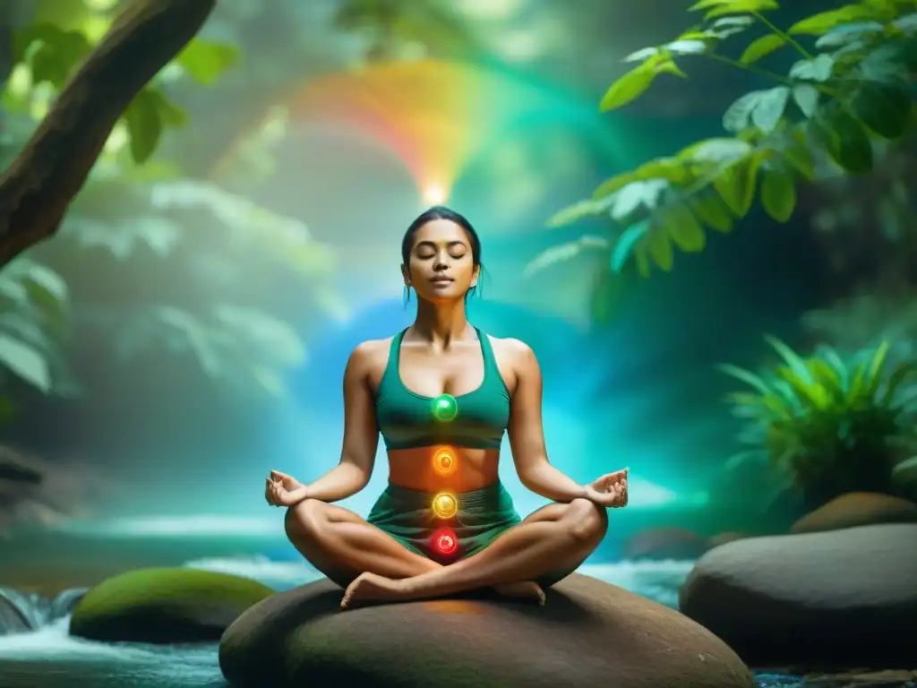 Una persona en armonía con los chakras, rodeada de colores vibrantes en un entorno natural sereno