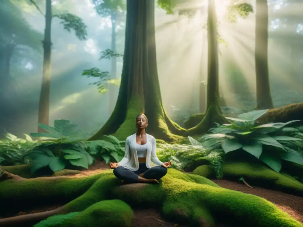 Persona meditando en un bosque antiguo, en conexión con la naturaleza