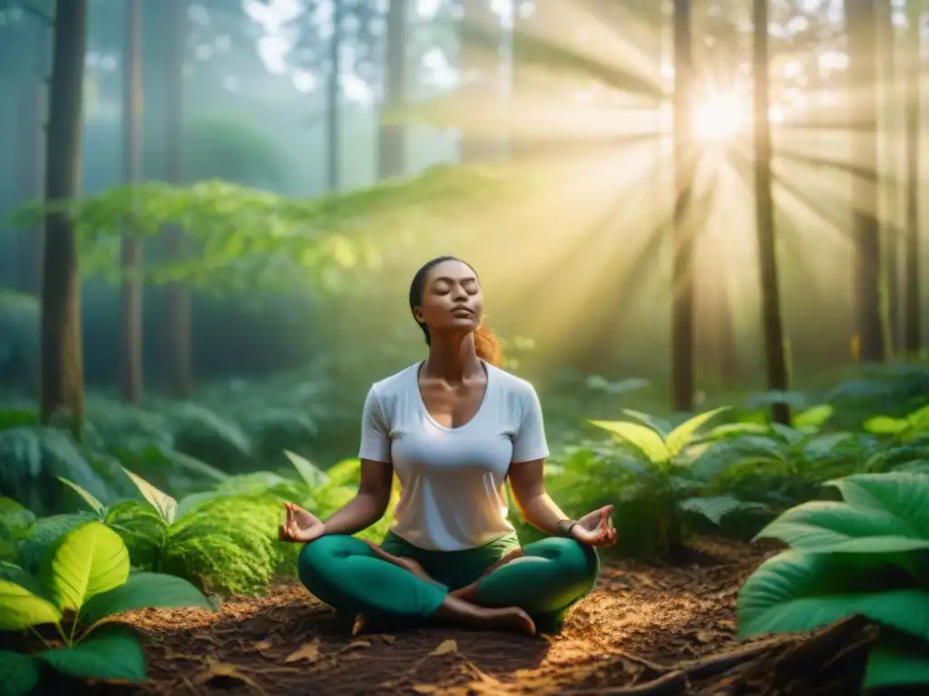 Persona meditando en un bosque verde, con luz dorada filtrándose entre las hojas