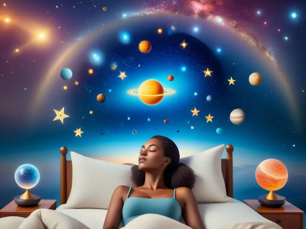 Una persona en la cama rodeada de un paisaje celestial místico, con planetas, estrellas y signos del zodíaco flotando