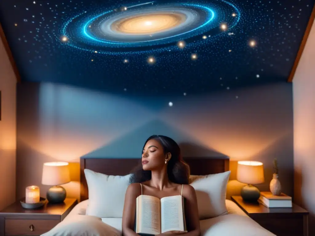 Persona en cama rodeada de símbolos astrológicos y libros sobre sueños, en profunda conexión con el universo