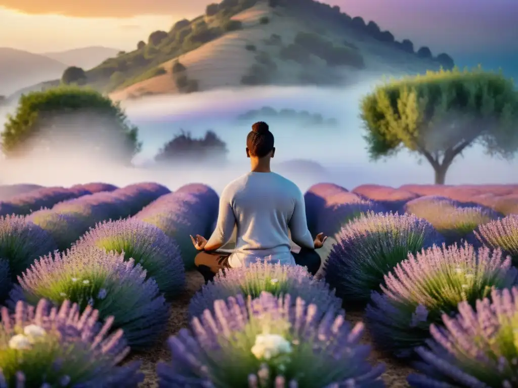 Persona meditando en un campo de lavanda al atardecer, expresando paz interior