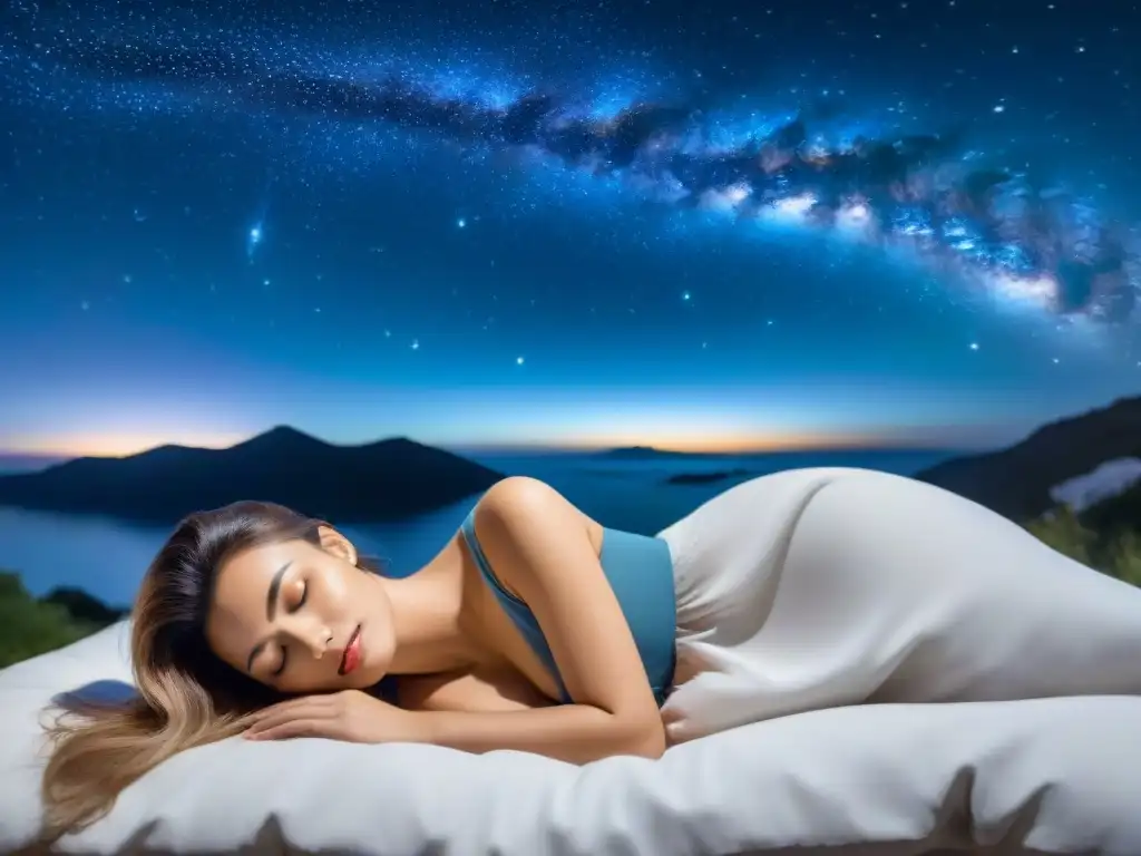 Persona durmiendo bajo un cielo estrellado, con constelaciones brillantes