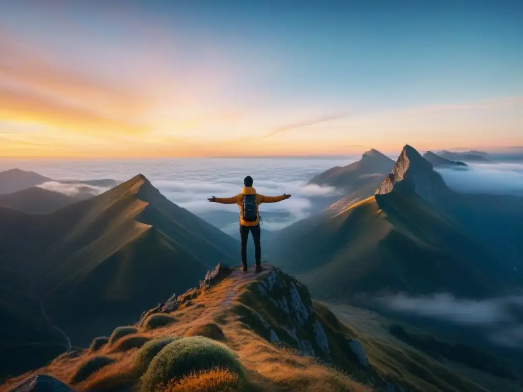 Persona en la cima de la montaña al amanecer, conectada con el universo